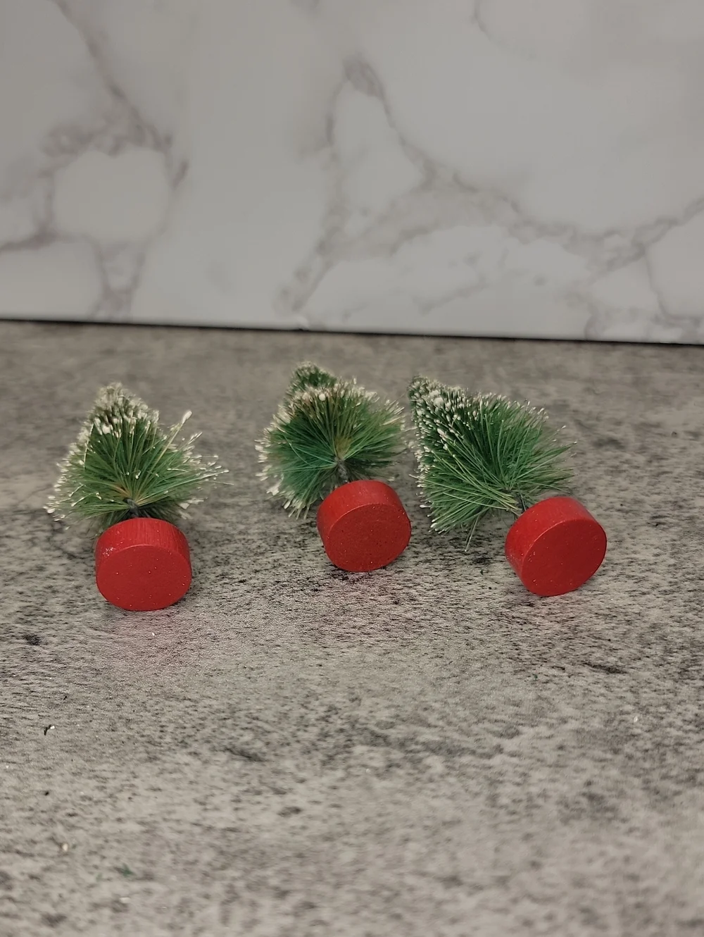 Vintage Bottle Brush Christmas Trees Set of Three with Snowy Tips and Red Bases